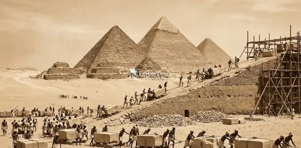Construction-of-the-Giza-Pyramids-illustrating-stone-blocks-ramps-and-labor-methods-EgyptaTours