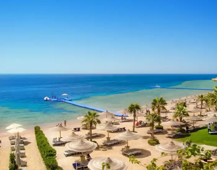 Sandy-Beach-With-Palm-Trees-And-Floating-Dock-In-Sharm-El-Sheikh-EgyptaTours