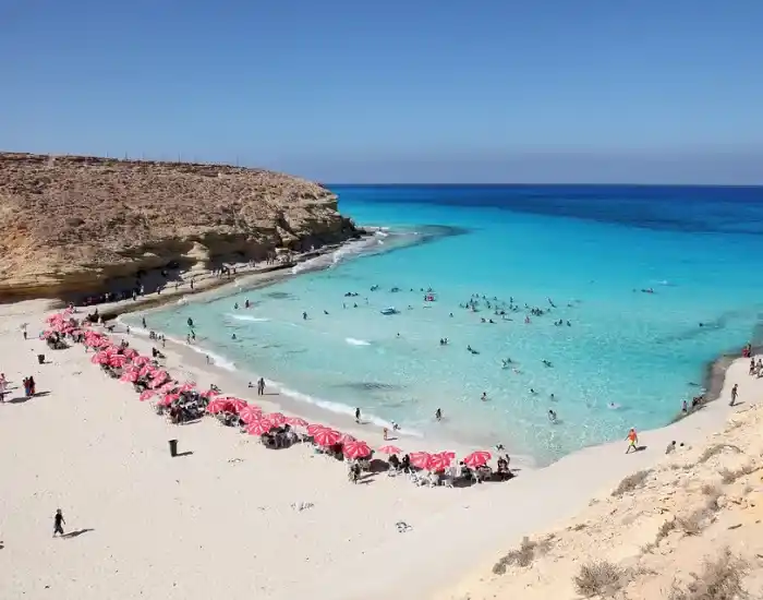 Aerial-View-Of-Agiba-Beach-With-Turquoise-Water-In-Marsa-Matruh-EgyptaTours