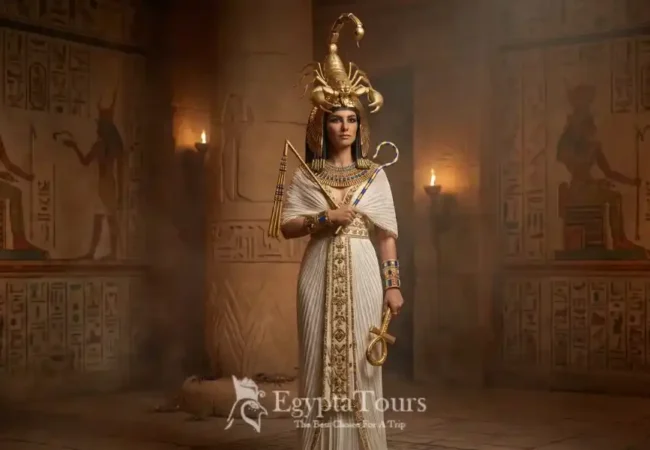 A-Highly-Realistic-Cinematic-Depiction-Of-The-Ancient-Egyptian-Goddess-Serket-Standing-In-A-Dimly-Lit-Stone-Temple